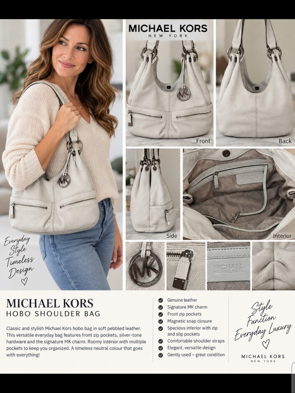Michael Kors Ivory Pebbled Leather Hobo Shoulder Bag